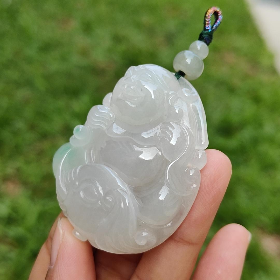 Crafted with Budai Laughing Buddha, Elephant and Ruyi Premium Semi Icy Natural Type A Jadeite with green patches Pendant Necklace with certificate weigh 45.38 grams, 50.5 * 44 * 12.3 mm (pendant160) Yi Pin Qian