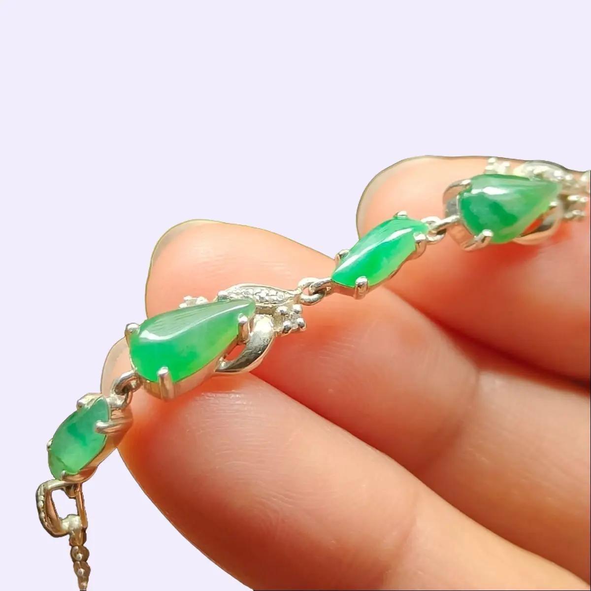 Seven Green Cabochons Natural Type A Jadeite Jade set on S925 as Bracelet (s925b5) - certificate weighs 4.08 g Yi Pin Qian Jadeites Jade Jewelry ~Your Precious Quintessential ~ Singapore