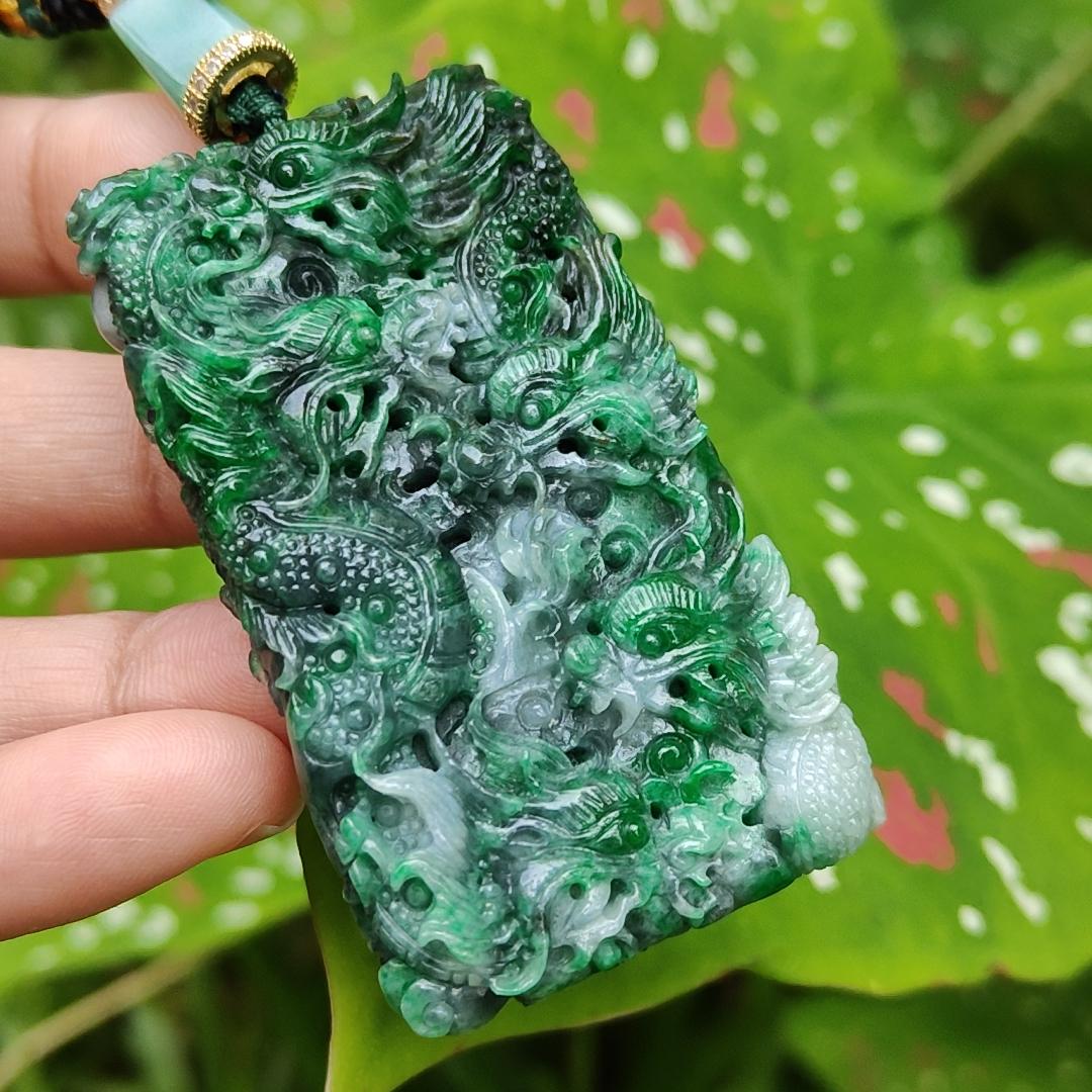 Lots of Green with Wuji carved as nine dragons Natural Type A Jadeite pendant with certificate weight 45.16 grams, 60.30 * 35.30 * 9.90 mm suitable for daily wear (pendant120) Yi Pin Qian