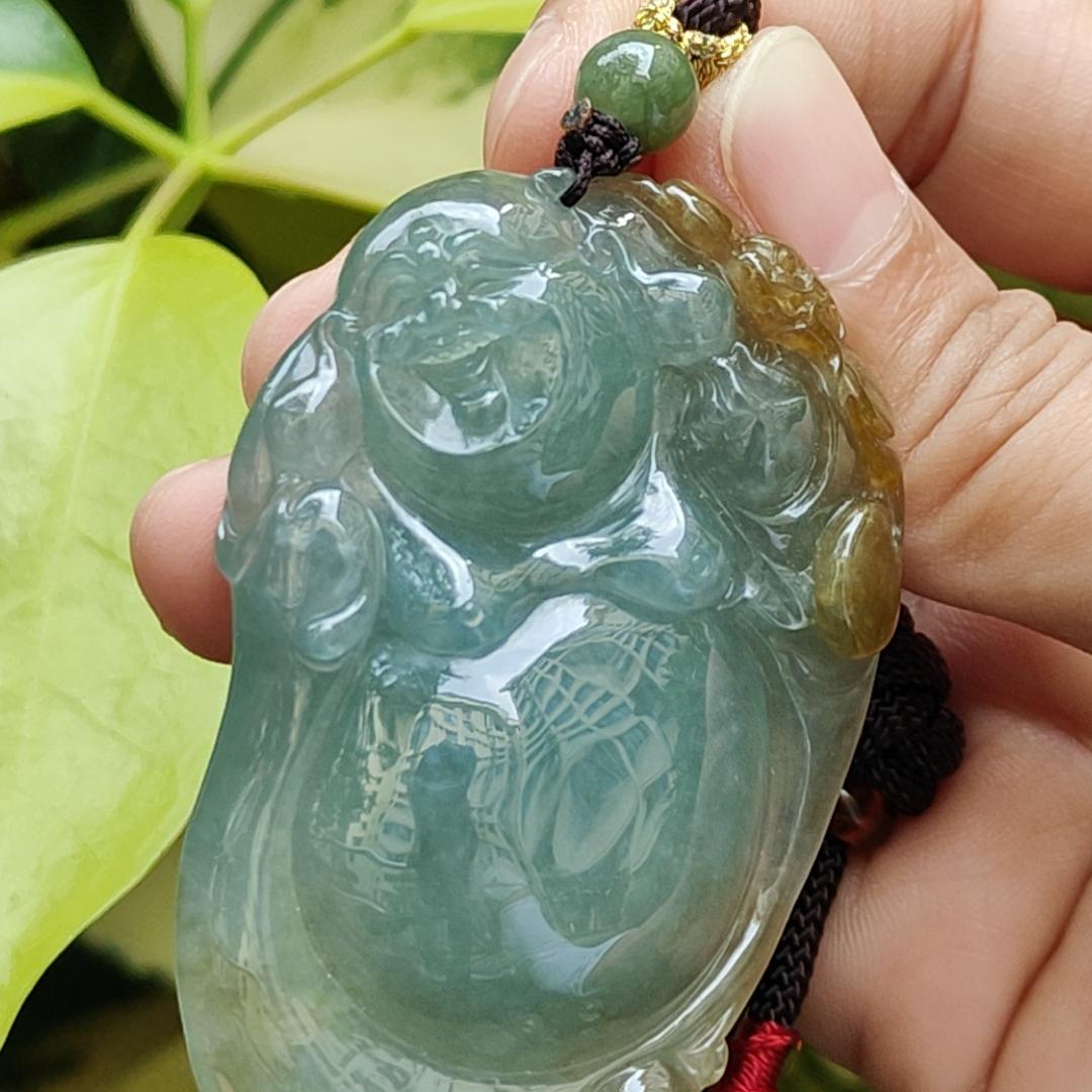 New Arrival Singapore - High Quality Green with Yellow Crafted as Milo Buddha on Natural Type A Jadeite Jade as Pendant with certificate weighs 41.79 grams, measurement 63.2 * 39.9 * 10.7 mm (pendant323) Yi Pin Qian Jadeites Jade Jewelry ~Your Precious Quintessential ~ Singapore