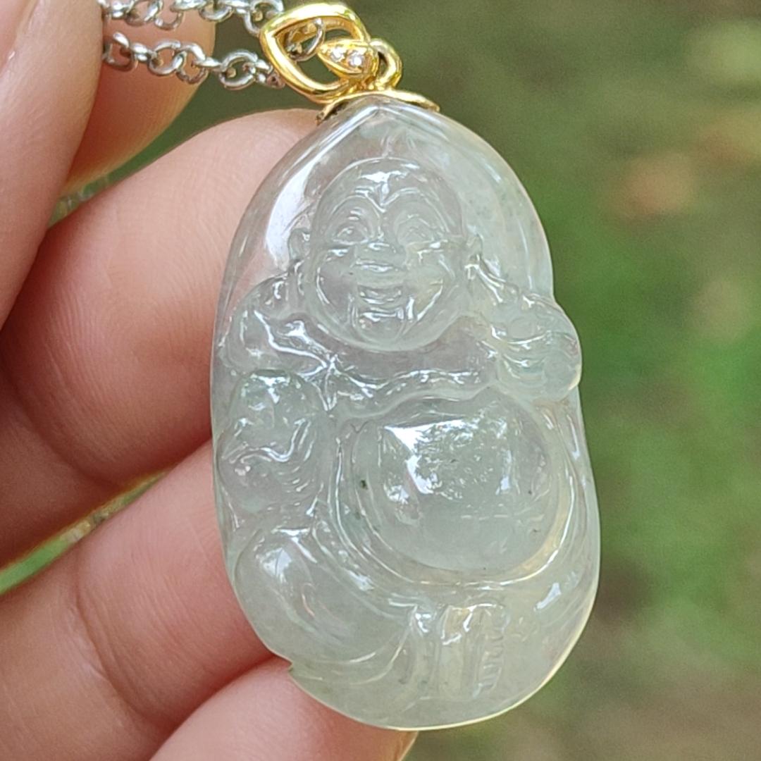 #Sold New Arrival Singapore High Quality Light Green Hue Natural Type A Jadeite Jade crafted as Milo Buddha set with 18k gold clasp as Pendant, certificate weighs 6.86 grams, measurement 30.2 * 17.5 * 6.8 mm (18kp70)