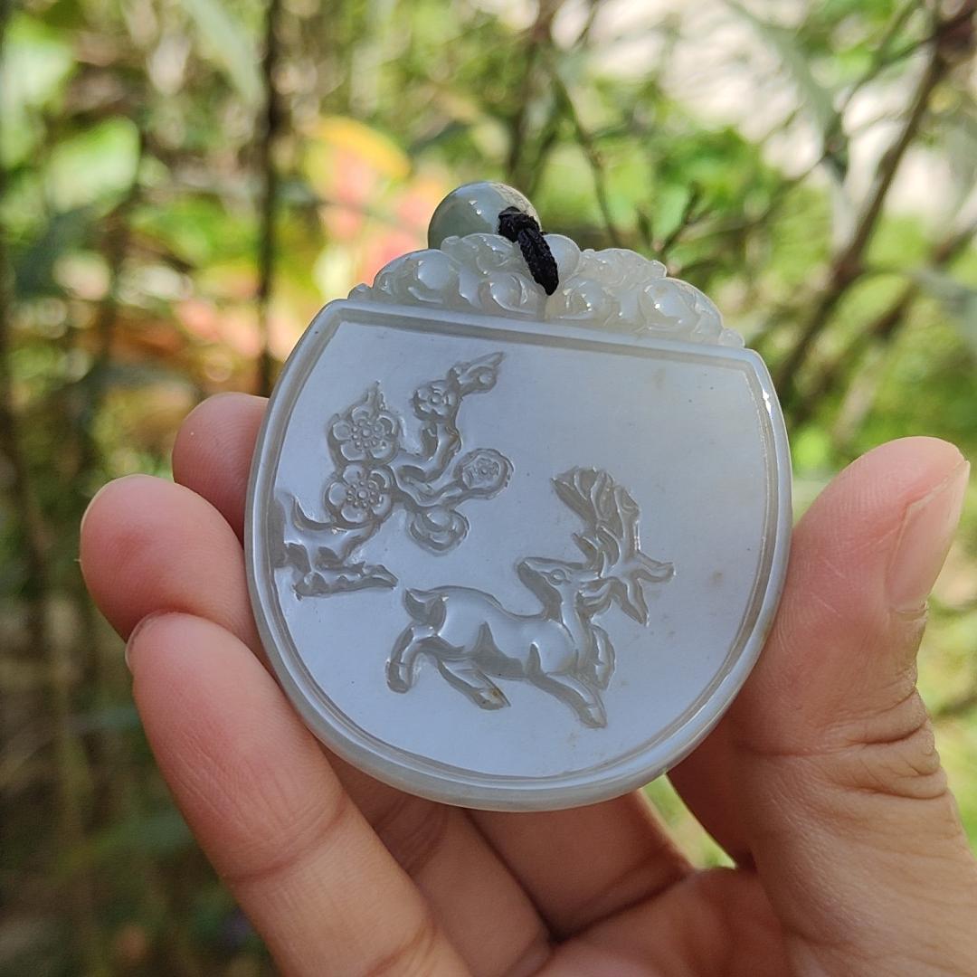 Crafted with Plum Blossoms and Deer Natural Type A Jadeite Pendant Necklace with certificate included weigh 34.14 grams, 54.3 * 47.5 * 5.6 mm,symbols of Good fortune, beauty and happiness (pendant105) Yi Pin Qian