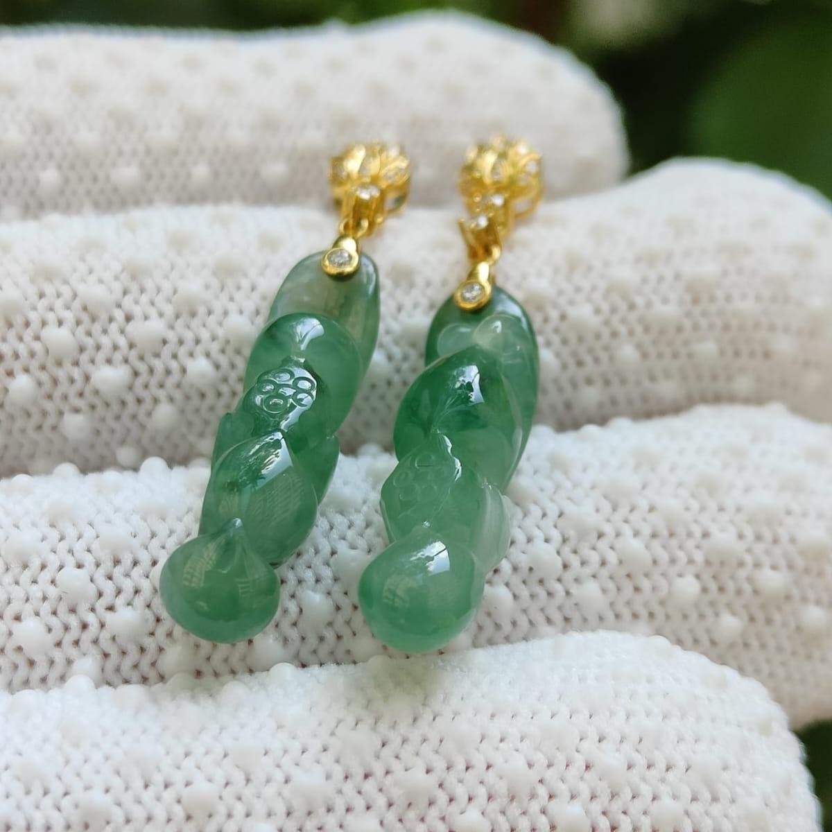 Icy Translucent Lotus Jadeite Stud Earrings – Natural Type A Jadeite, 18K with Diamonds, Symbol of Purity and Elegance (18k08) Yi Pin Qian Jadeites Jade Jewelry ~Your Precious Quintessential ~ Singapore