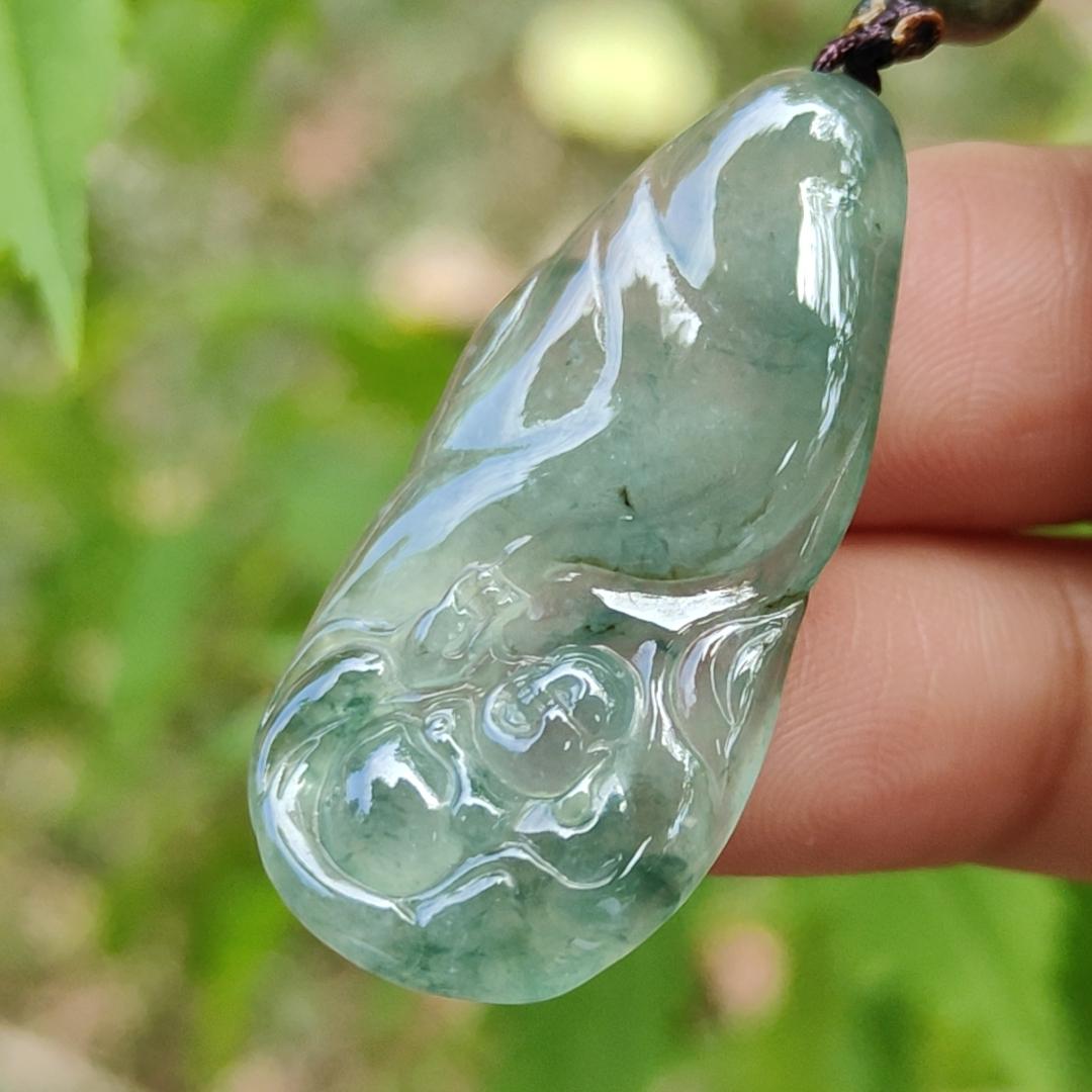 An Old Collection Crafted with Milo Buddha on Natural Type A Jadeite Jade as Pendant, certificate weighs 5.6 grams, measurement 36.5 * 18.2 * 4.7 mm (pendant361) Yi Pin Qian Jadeites Jade Jewelry ~Your Precious Quintessential ~ Singapore