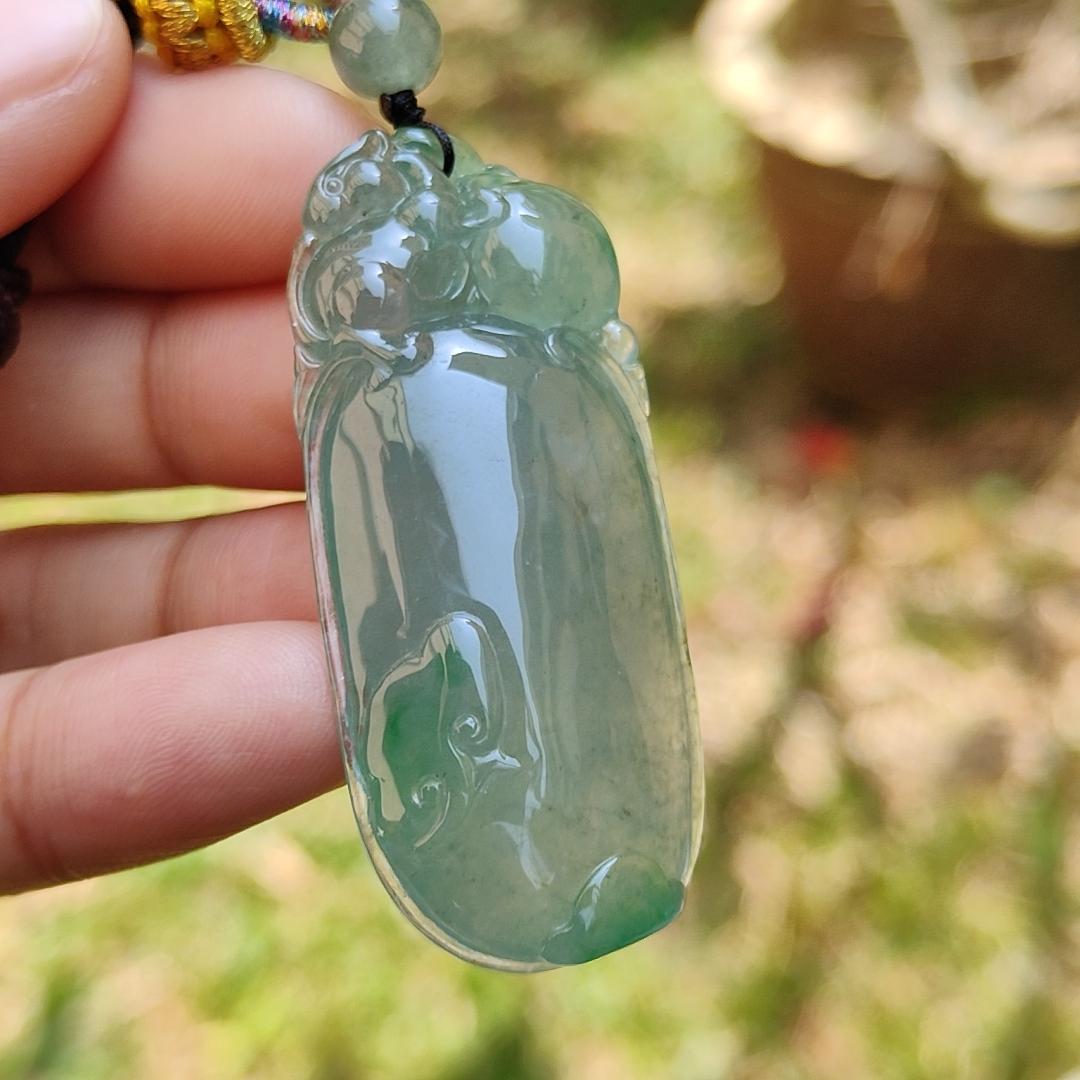 Premium Quality Icy Translucent Green with Green Patches Natural Type A Jadeite Jade crafted with Squirrel and Ruyi as Pendant, certificate weigh 17.83 grams, measurement 49.3 * 21 * 9.3 mm (pendant225) Yi Pin Qian