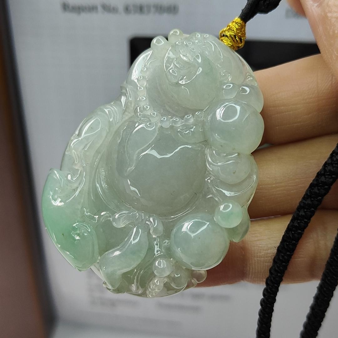 Natural Type A Jadeite Jewellery Pendant carved as Milo Buddha with Ruyi with Gemstone report from NGI weighs at 218.34 grams , 53.35 * 42.19 * 12.02 mm , Translucent with faint to light green with good translucency premium quality pendant (pendant156) Yi Pin Qian
