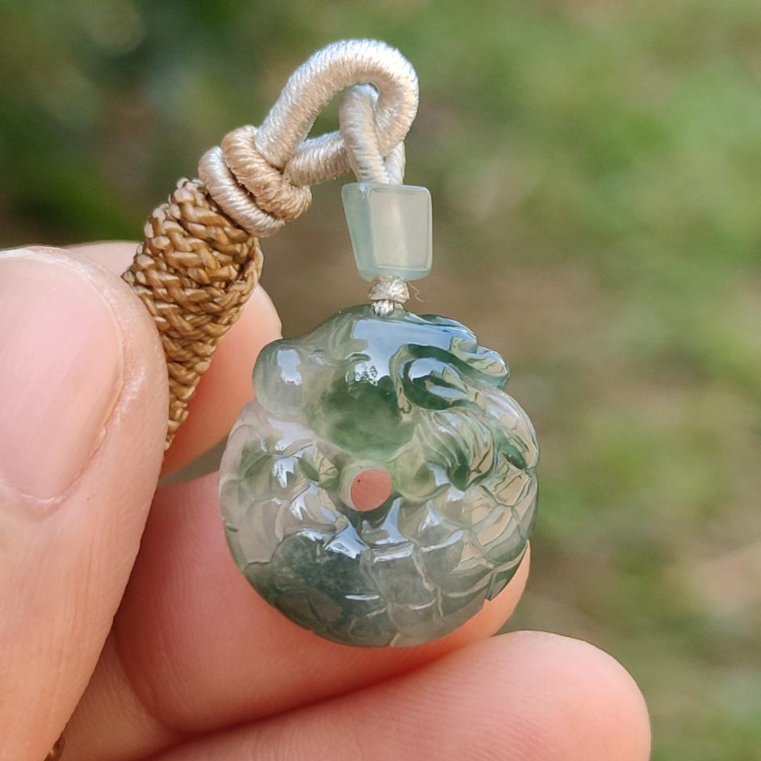 #Sold - High Quality Green with Green Patches Natural Type A Jadeite Jade crafted with shape of Donut with Baby Dragon as Pendant, QIC approved labs certificate weigh 4.11 grams, measurement 17.2 * 16.3 * 5.1 mm (pendant242)