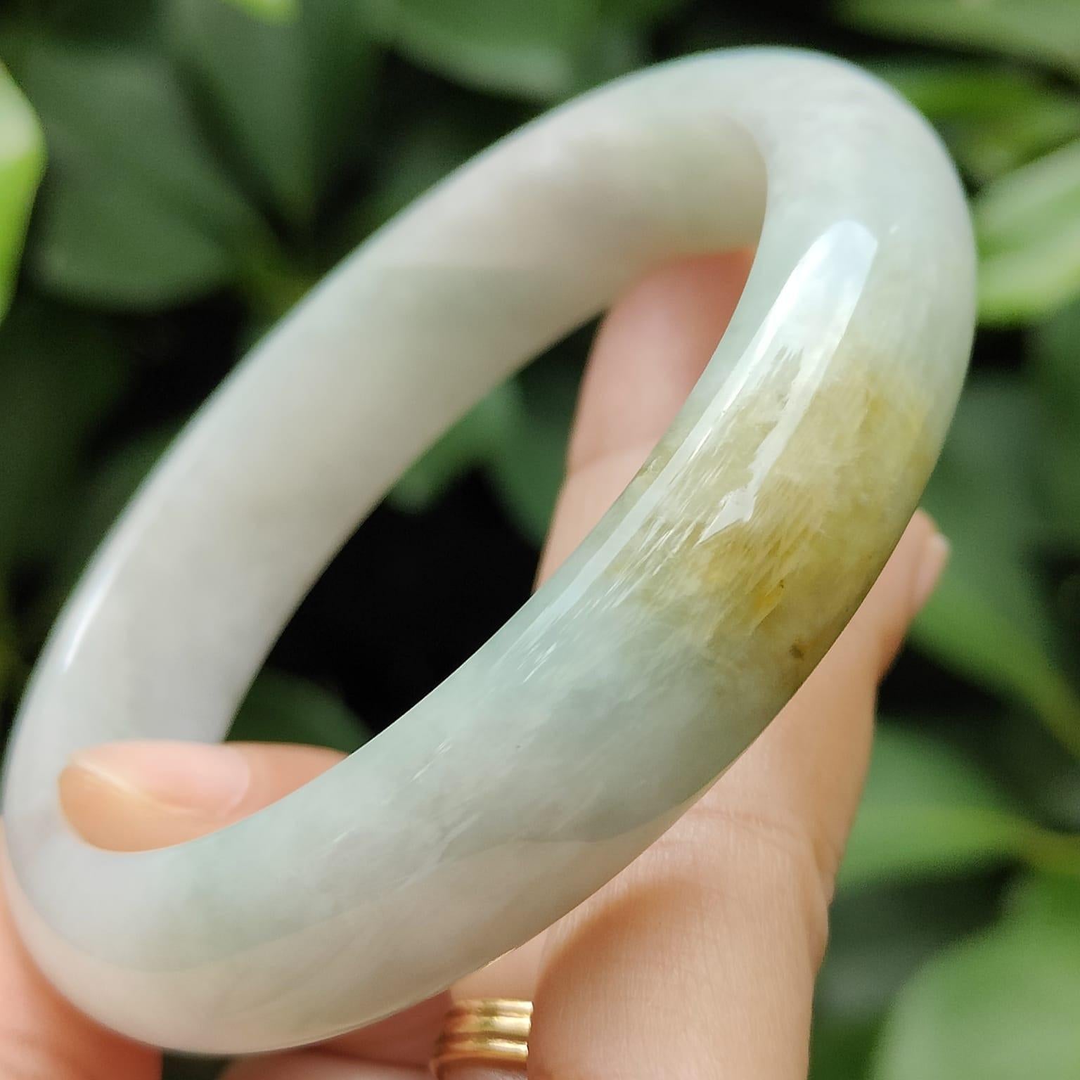 57.8mm, Width 13.7 * Thickness 7.8 mm Peace Bangle Light Green Hue with Brownish Yellow Natural Type A Jadeite Jade certificate weighs 59.44 grams (bangle20) Yi Pin Qian Jadeites Jade Jewelry ~Your Precious Quintessential ~ Singapore