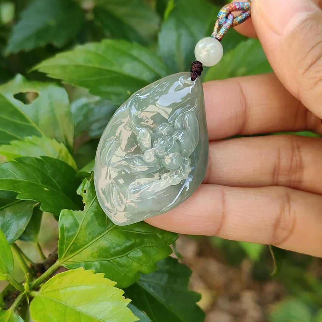Quality Semi Icy Full Oil Green Natural Type A Jadeite Jade Pendant Necklace crafted with Lotus, certificate included weigh 12.07 grams, measurement 41.3 * 27 * 11 mm (pendant182) Yi Pin Qian