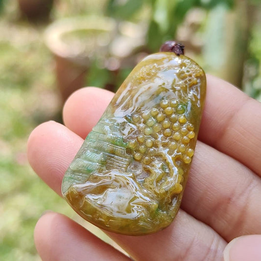 Rare quality Yellow with reddish brown and green Natural Type A Jadeite Jade crafted with sceneries as pendant, certificate weigh 11.38 grams, measurement 45.6 * 24.3 * 5.2 mm (pendant216) Yi Pin Qian