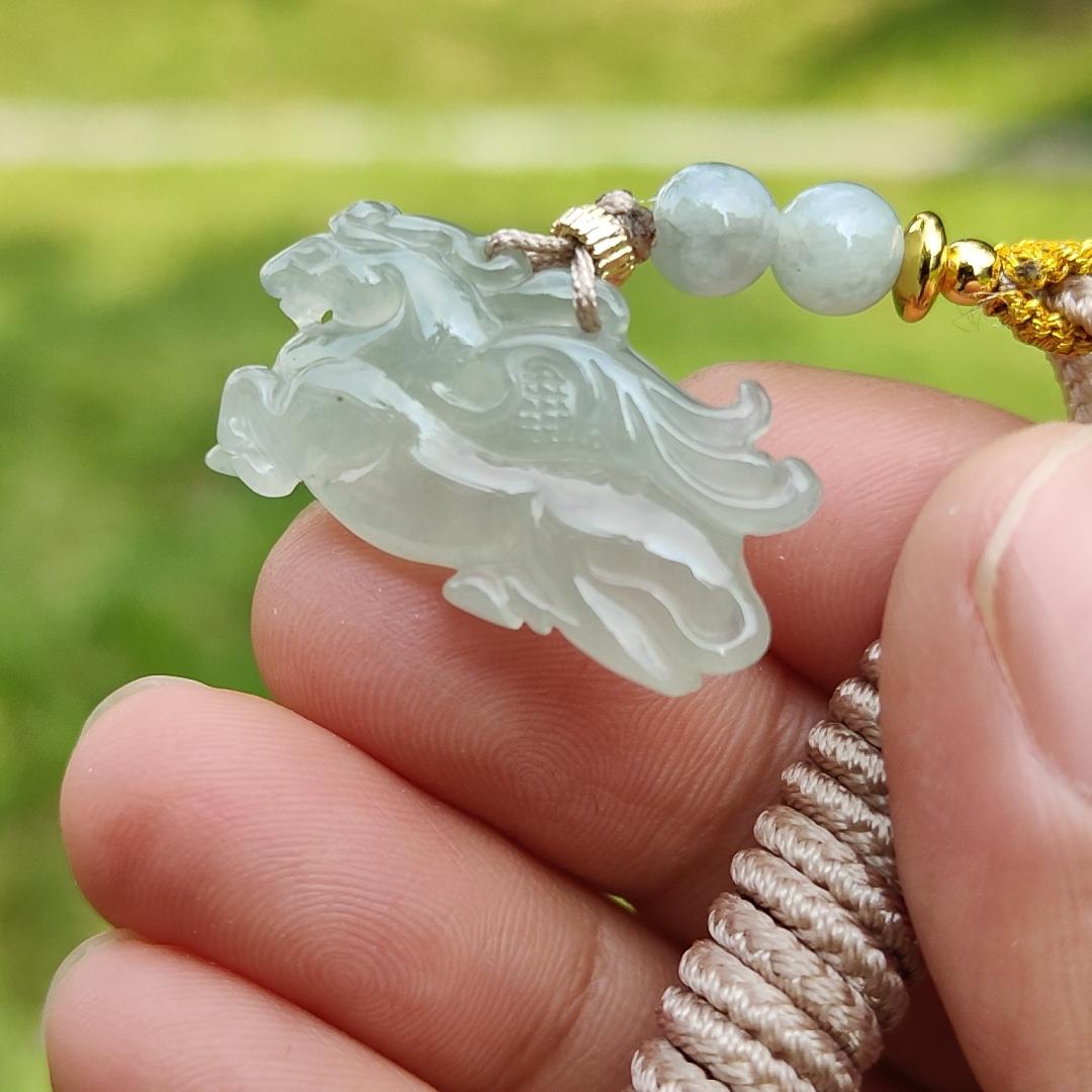 Icy with light green base Natural Type A Jadeite Pendant Necklace crafted as Flying Horse symbols of Good luck is coming soon, Longma spirit with QIC approved certificate weigh 4.55 grams, 15.6 * 28 * 6.3 mm (pendant65) Yi Pin Qian