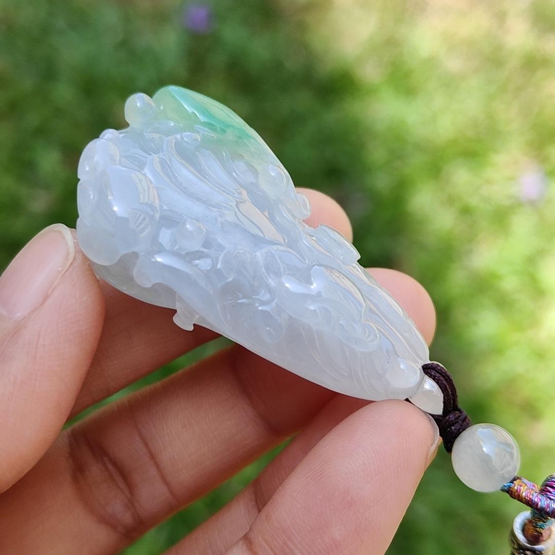 Semi Icy Natural Type A Jadeite Jade with green crafted as Chinese Cabbage Pendant, with certificate weigh 21.33 grams, measurement 47 * 25 * 12 mm (pendant197) Yi Pin Qian