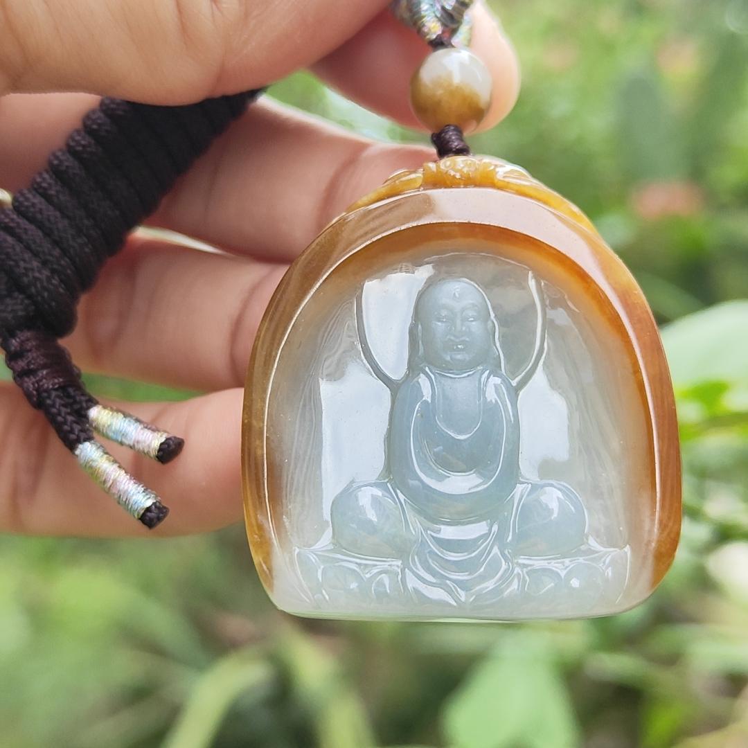 Rare old yellow Natural type A jadeite pendant with certificate carved as buddha seating on lotus weight 26.99 grams, 38.20 * 34.20 * 8.80 mm suitable for daily wear (pendant122) Yi Pin Qian
