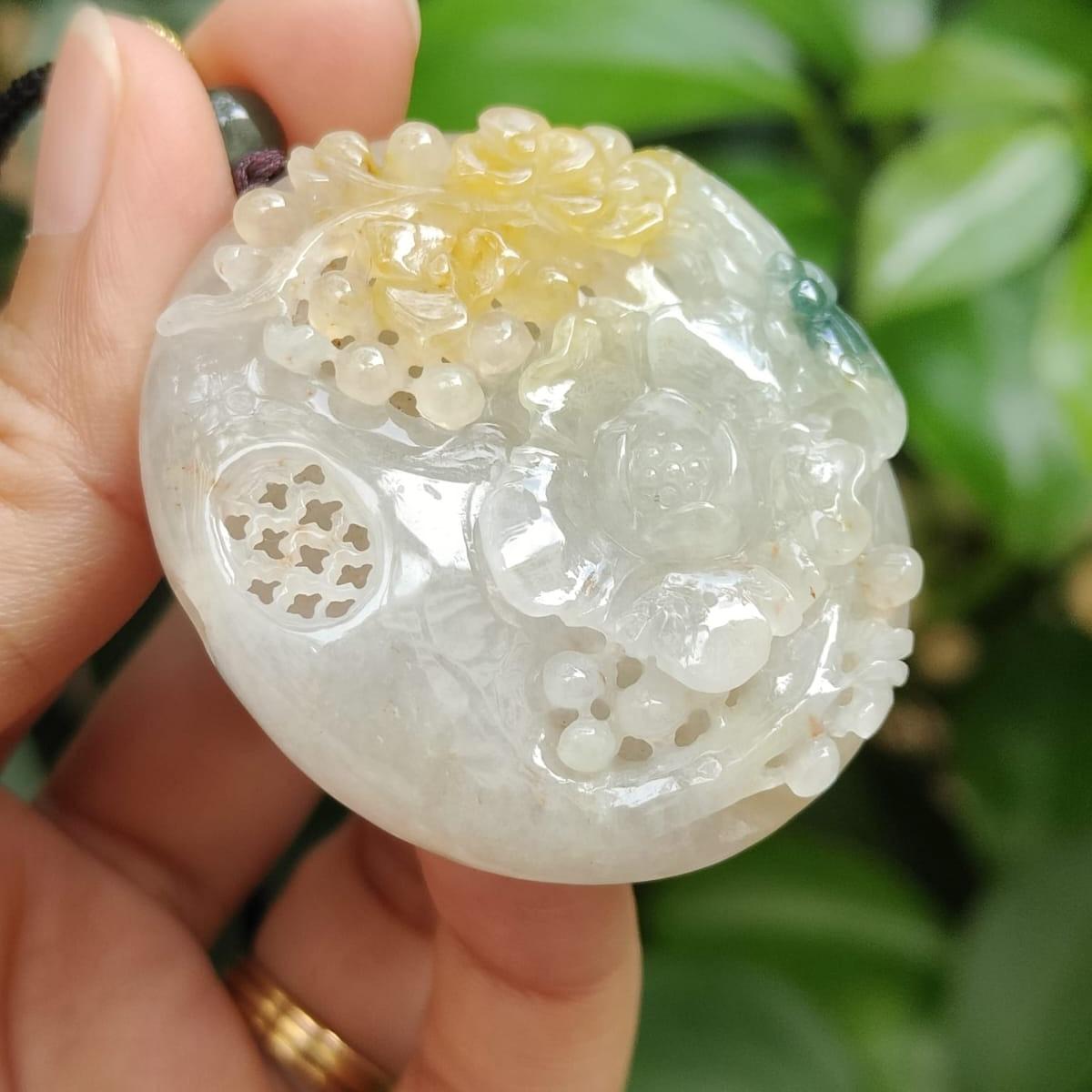 Rare Old Collection Old School Flowers Pendant Yellow and Green Natural Type A Jadeite Jade certificate weighs 42.61 grams, measurement 46.8 * 40.8 * 13.2 mm (pendant387) Yi Pin Qian Jadeites Jade Jewelry ~Your Precious Quintessential ~ Singapore