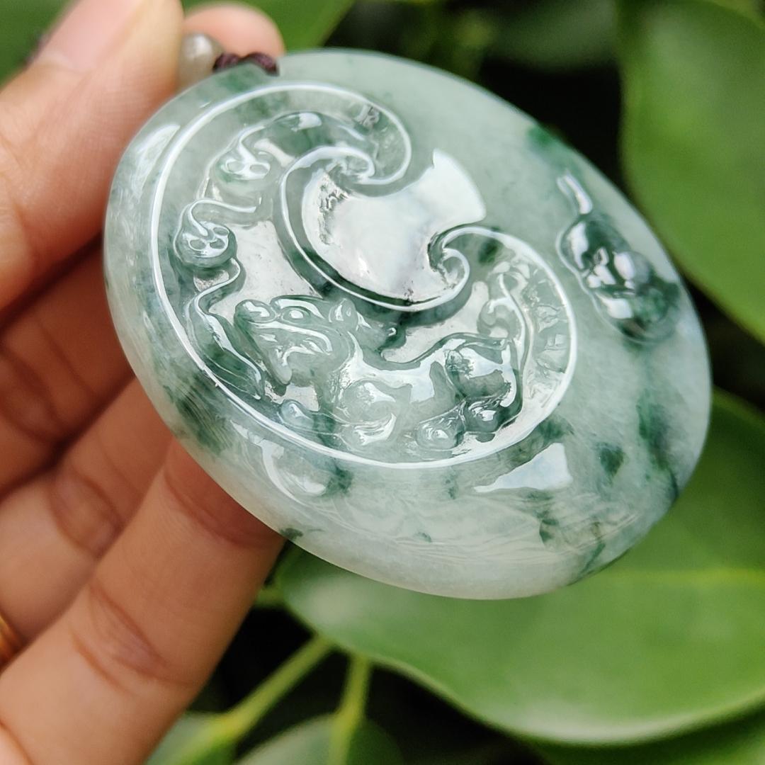A High-Quality Type-A Natural Jadeite-Jade crafted with Pixiu, Coins, Gourd as Pendant with certificate weighs 36.46 grams, measurement 53.9 * 46.2 * 7.5 mm (pendant300) Yi Pin Qian Jadeites Jade Jewelry ~Your Precious Quintessential ~ Singapore