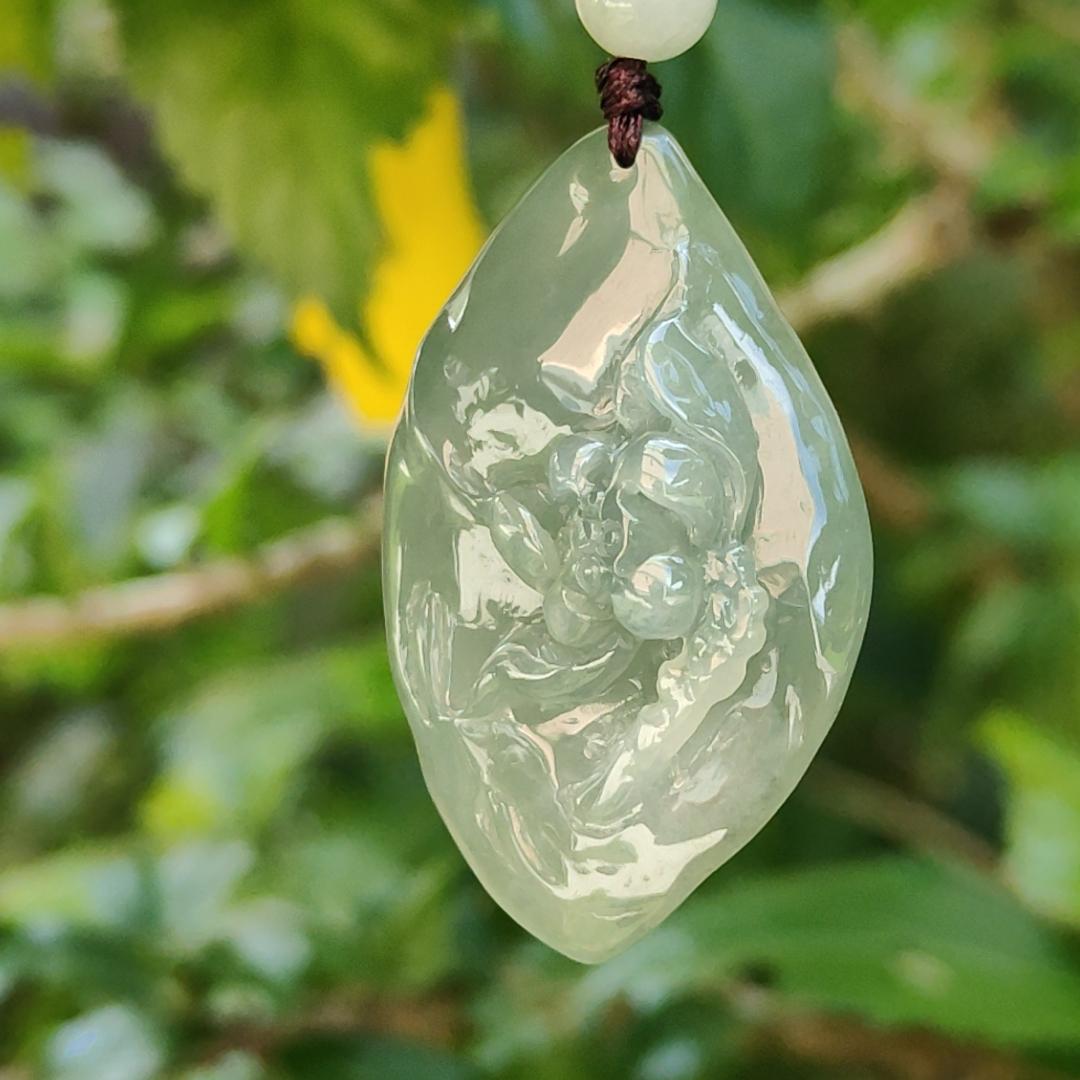 Quality Semi Icy Full Oil Green Natural Type A Jadeite Jade Pendant Necklace crafted with Lotus, certificate included weigh 12.07 grams, measurement 41.3 * 27 * 11 mm (pendant182) Yi Pin Qian
