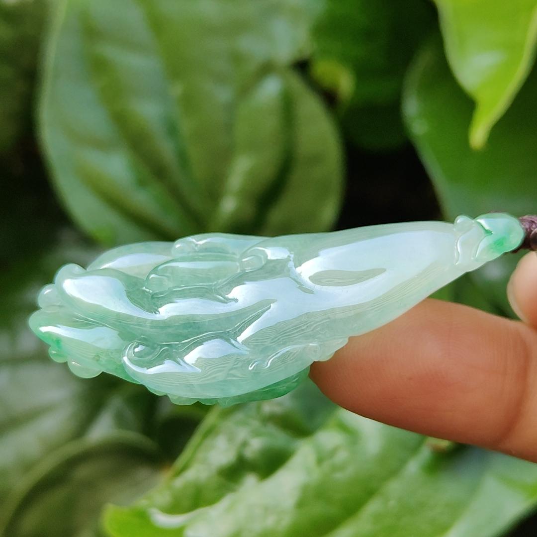 Very Beautiful Finger Citron Natural Type A Jadeite pendant jewelry with NGI Gemstone report weight 76.79 grams 52.83 * 24.26 * 9.38 mm - Highly Translucent very fine grain with patches of light green suffused to a paler ground (pendant151) Yi Pin Qian