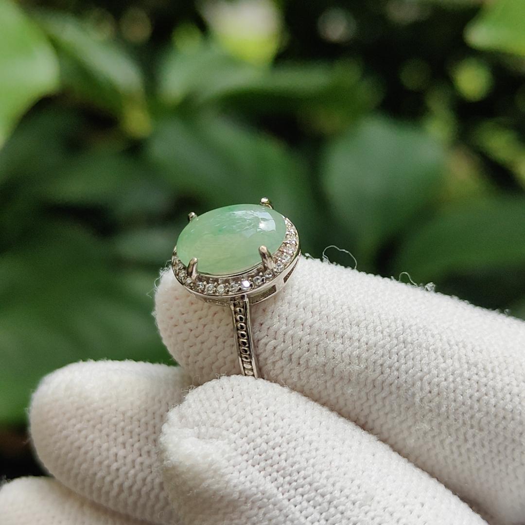 Crafted as Cabochon size 10.7 * 8 * 3mm on Light Green Natural Type-A Jadeite-Jade set with S925 adjustable as Ring, QIC approved Certificate weighs 2.25 grams (s925ring18) Yi Pin Qian Jadeites Jade Jewelry ~Your Precious Quintessential ~ Singapore