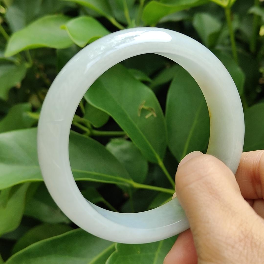 Beautiful Crafted as 59mm Peace Bangle with Light Green Hue, Brownish Yellow Type-A Natural Jadeite-Jade certificate weighs 77.9 grams, Width: 17.6 * Thickness 8 mm (bangle12) Yi Pin Qian Jadeites Jade Jewelry ~Your Precious Quintessential ~ Singapore