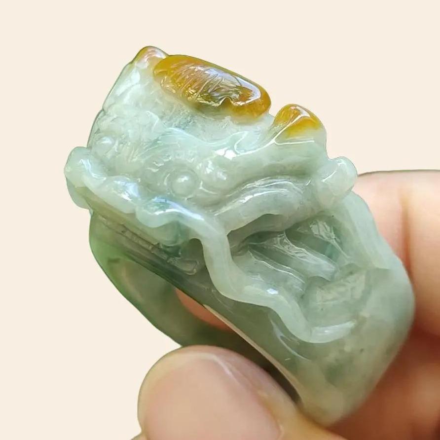 Green Hue Patches and Yellow Natural Type A Jadeite-Jade crafted as Dragon Ring with finger size 20.8mm, certificate weighs 26.8 grams, measurement 39.2 * 31.6 * 15.5 mm (ring12) Yi Pin Qian Jadeites Jade Jewelry ~Your Precious Quintessential ~ Singapore