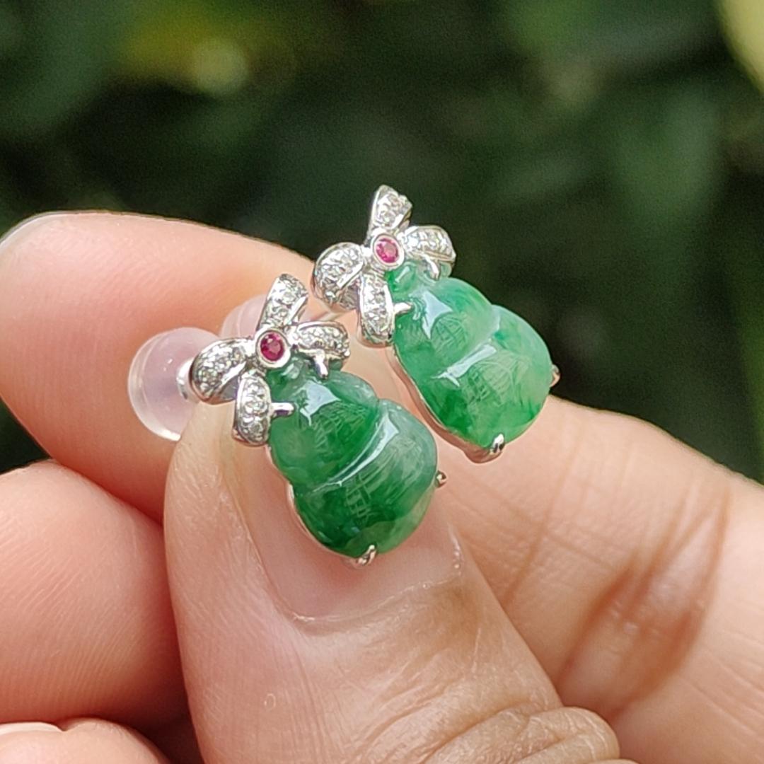 High Quality Light Green with Green Patches crafted as one pair of Gourd on Natural Type A Jadeite Jade as Stud Earrings Certificate weighs 2.38 grams (18k01) Yi Pin Qian Jadeites Jade Jewelry ~Your Precious Quintessential ~ Singapore