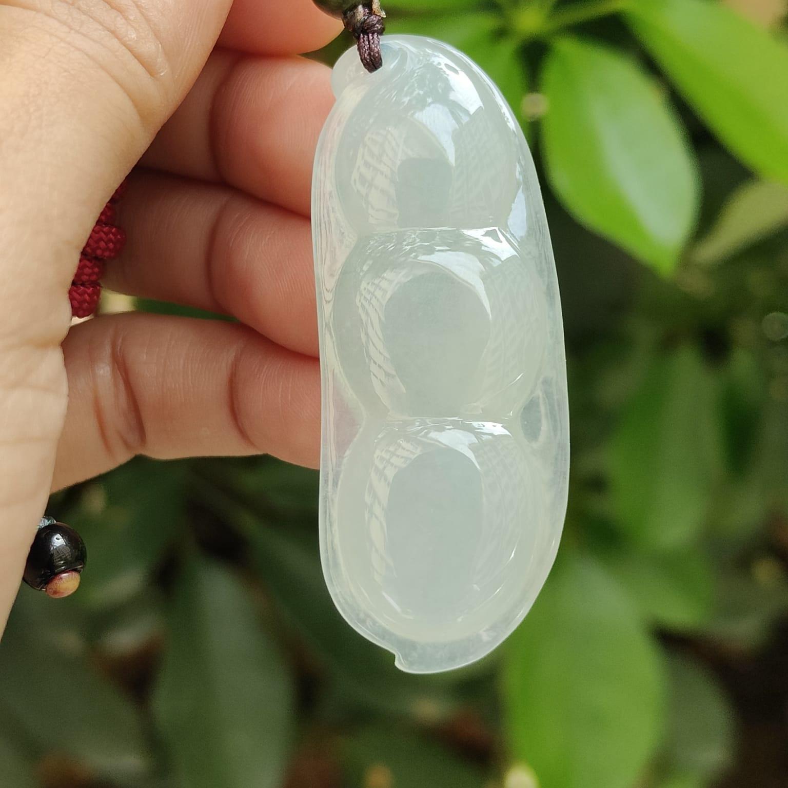 Bean with bat pendant crafted on Icy Translucent Natural Type A Jadeite Jade, certificate weighs 23.26 grams, measurement 56.3 * 22 * 10.7 mm (pendant394) Yi Pin Qian Jadeites Jade Jewelry ~Your Precious Quintessential ~ Singapore