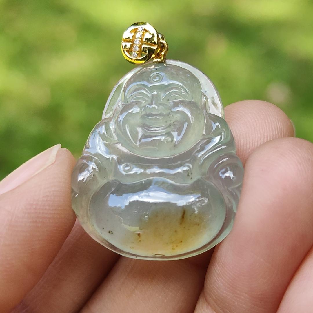 Rare Old Pit Icy Translucent with Yellow and Light Green Hue Collectible Natural Type A Jadeite Jade crafted as Milo Buddha added with 18k Gold Clasp as Pendant, certificate weighs 6.09 grams, measurement 26.8 * 23.2 * 6 mm (18kp63) Yi Pin Qian Jadeites Jade Jewelry ~Your Precious Quintessential ~ Singapore
