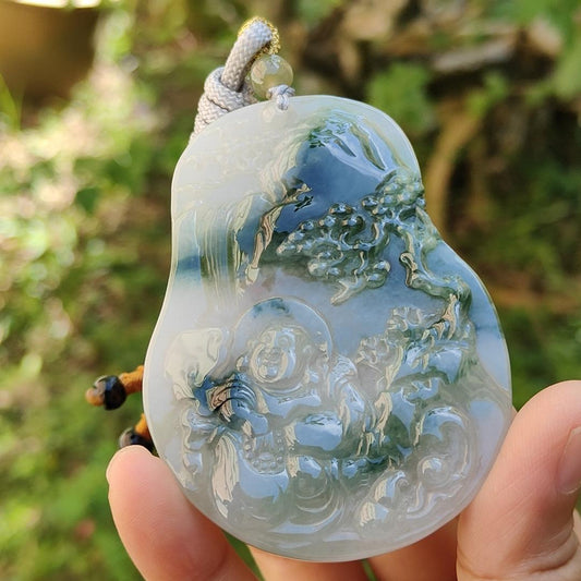 Premium Rare Semi Icy Natural Type A Jadeite crafted with Scenery and Laughing Buddha, certificate included weigh 51.59 grams, 71.8 * 53.1 * 7.5 mm, collector item, (pendant51), Yi Pin Qian