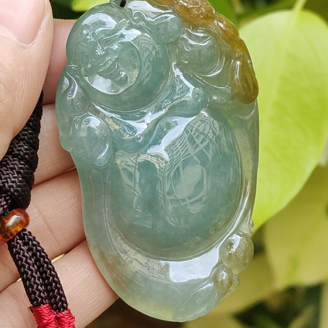New Arrival Singapore - High Quality Green with Yellow Crafted as Milo Buddha on Natural Type A Jadeite Jade as Pendant with certificate weighs 41.79 grams, measurement 63.2 * 39.9 * 10.7 mm (pendant323) Yi Pin Qian Jadeites Jade Jewelry ~Your Precious Quintessential ~ Singapore