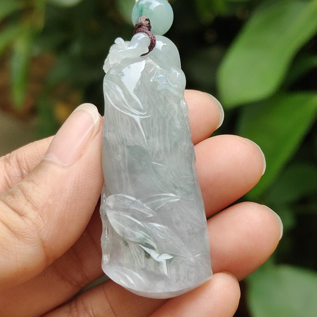 A Bamboo with Pixiu Crafted on Light Green Hue with Light Lavender Natural Type A Burmese Jadeite Jewellery certificate weighs 23.91 grams, measurement 50.3 * 20.6 * 12.8 mm (pendant 318) Yi Pin Qian Jadeites Jade Jewelry ~Your Precious Quintessential ~ Singapore