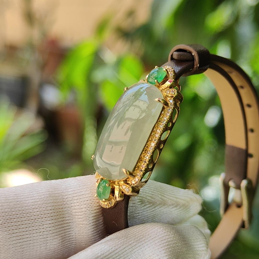 High Premium Quality Natural Type A Jadeite Jade with 3 cabochons set on 18k gold with diamonds as wrist bracelet or pendant, certificate weigh 4.39 grams (18kpw4) Yi Pin Qian