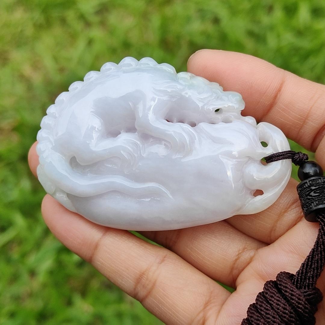 Light Lavender with Light Green Natural Type A Jadeite Jade crafted as Handheld piece or Pendant Necklace crafted as the Mythical Beast with certificate weigh 63.13 grams, measurement 63.8 * 43.8 * 16.6 mm (hand2) Yi Pin Qian