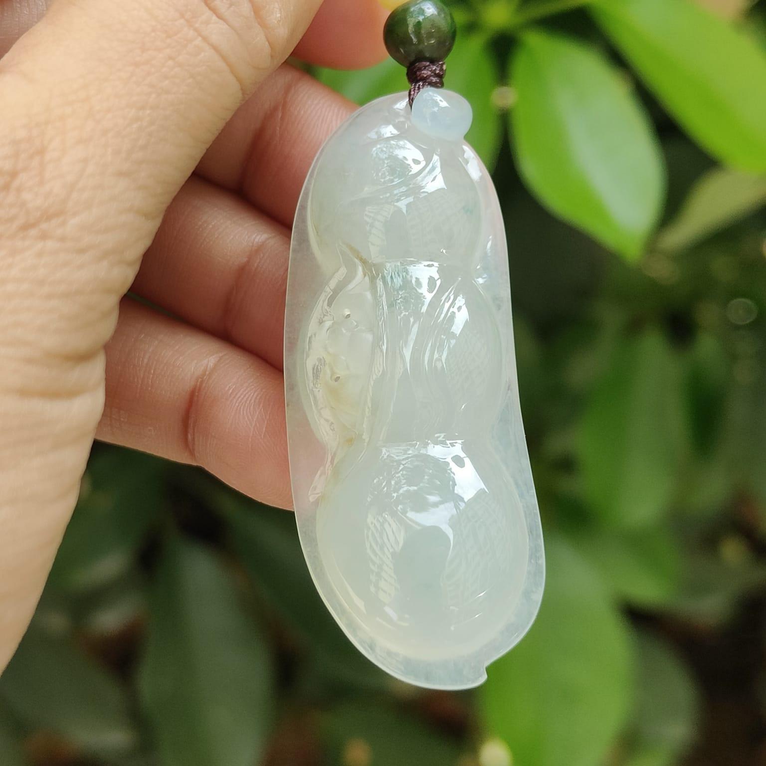 Bean with bat pendant crafted on Icy Translucent Natural Type A Jadeite Jade, certificate weighs 23.26 grams, measurement 56.3 * 22 * 10.7 mm (pendant394) Yi Pin Qian Jadeites Jade Jewelry ~Your Precious Quintessential ~ Singapore