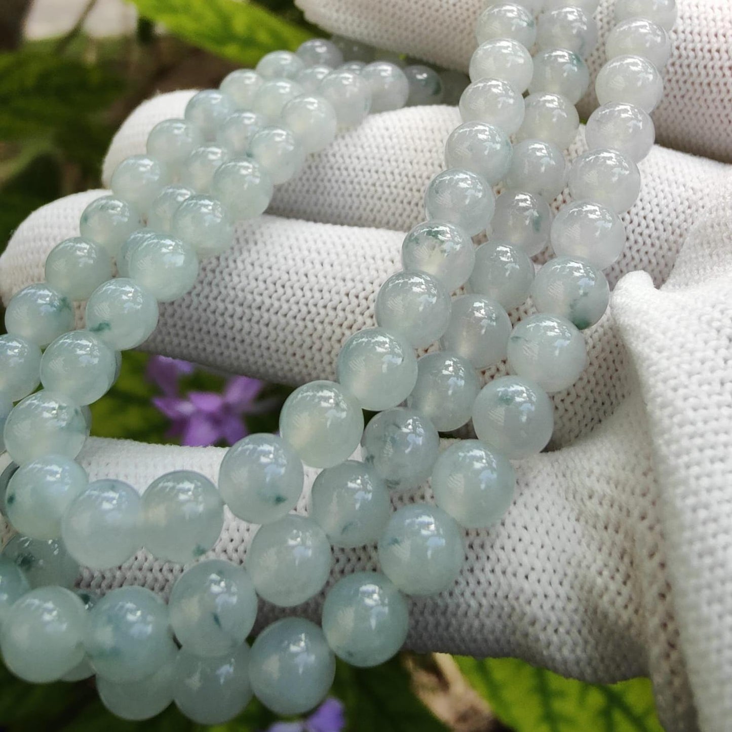 108 beads 6.5mm crafted on High Quality Green Patches Natural Type A Jadeite Jade as Necklace or Bracelet certificate weighs 50.86 grams (bracelet32) Yi Pin Qian Jadeites Jade Jewelry ~Your Precious Quintessential ~ Singapore