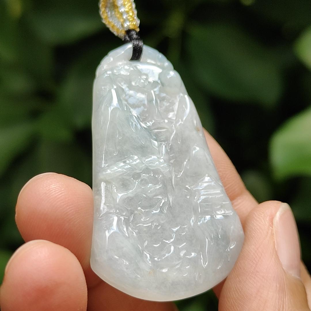 Latest Added SG Seller - Crafted as Scenery on Natural Type A Jadeite Jade, White with Light Green Hue as Pendant, certificate weighs 11.07 grams, measurement 48.3 * 27.9 * 4.8 mm (pendant331) Yi Pin Qian Jadeites Jade Jewelry ~Your Precious Quintessential ~ Singapore