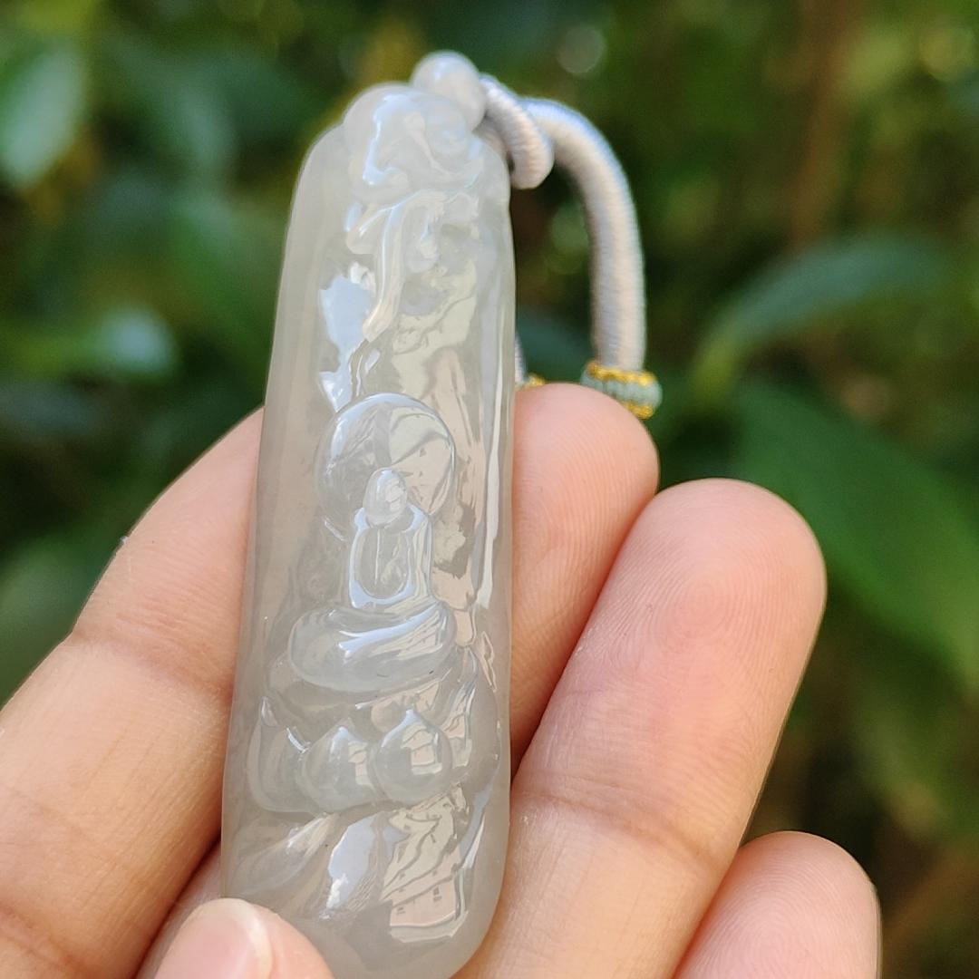 Semi Translucent Icy Natural Type A Jadeite Pendant carved with faceless buddha and lotus meaning Compassion and Wisdom , QIC labs approved certificate included weight 16.56 grams, 55.50 * 16.10 * 8.80 mm, very suitable for daily wear (pendant95) Yi Pin Qian