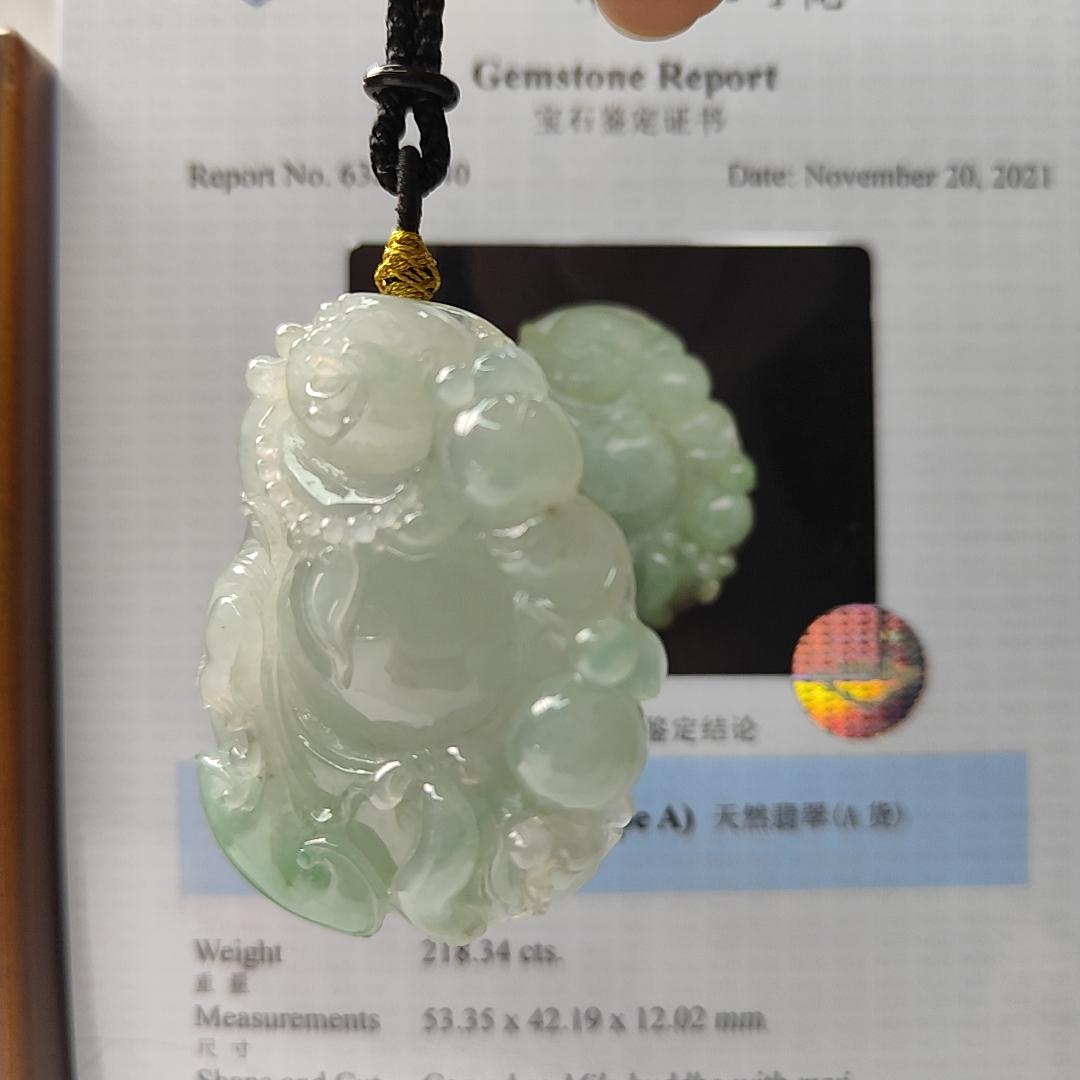 Natural Type A Jadeite Jewellery Pendant carved as Milo Buddha with Ruyi with Gemstone report from NGI weighs at 218.34 grams , 53.35 * 42.19 * 12.02 mm , Translucent with faint to light green with good translucency premium quality pendant (pendant156) Yi Pin Qian