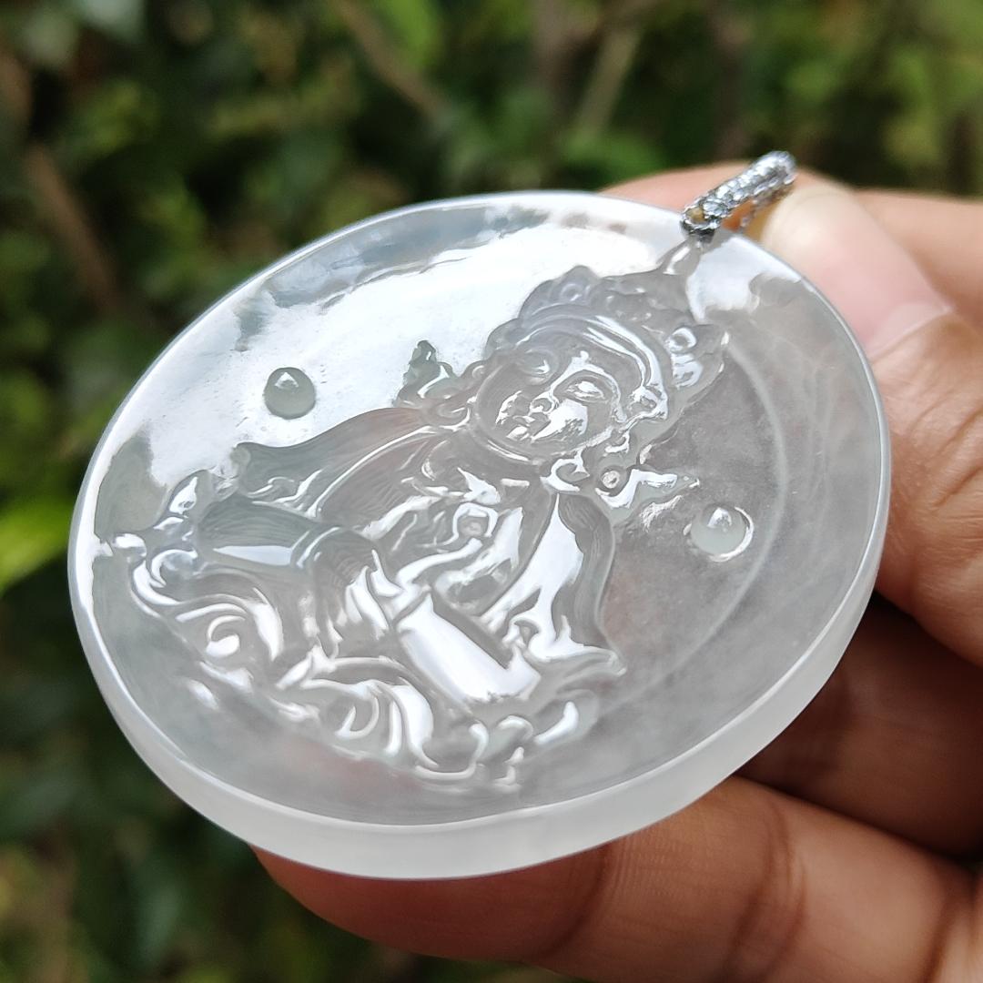 Super Rare ~ Old Collection #2 ~ Crafted as Guanyin Pendant on High Translucent Natural Type A Jadeite Jade certificate weighs 24.35 grams, measurement 52.3 * 46.3 * 4.3 mm (pendant363)