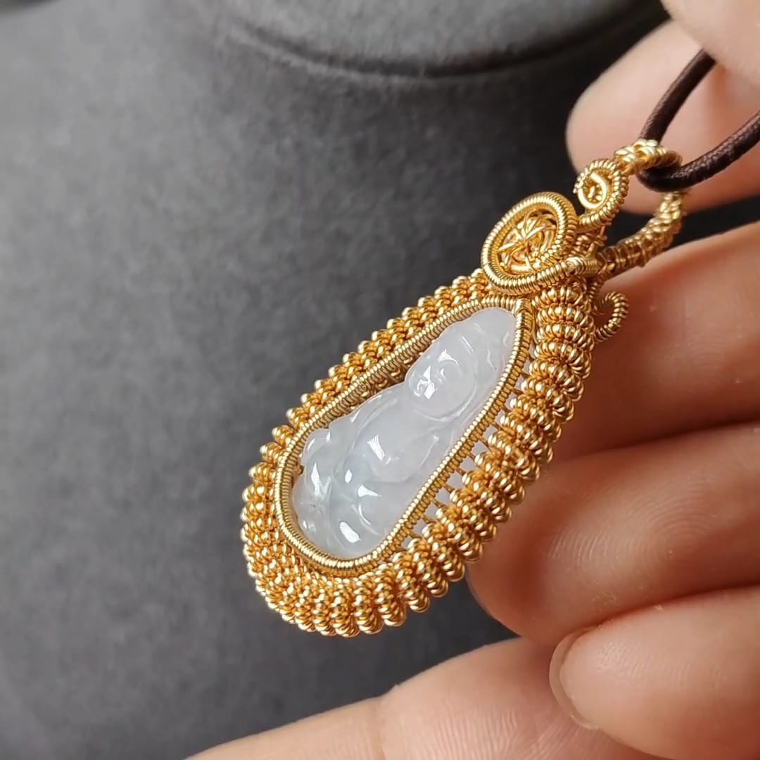 #Sold - Type A Jadeite Guanyin 观音 pendant design by #YPQ 100% hand wrapping with GF14k Pendant
