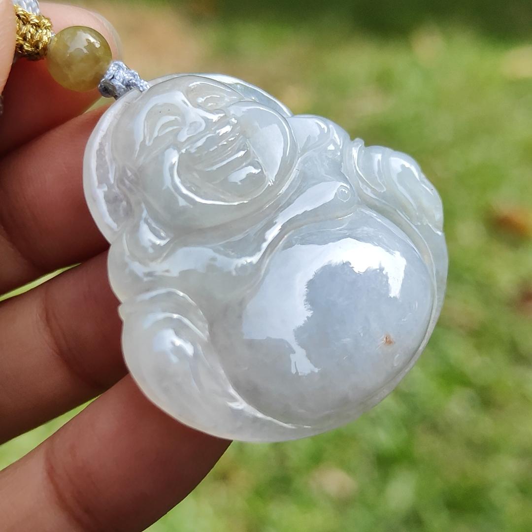 Quality Semi Translucent Natural Type A Jadeite Jade crafted as Milo Buddha as Pendant, certificate weighs 12.57 grams, measurement 37.5 * 38.9 * 6.3 mm (pendant275) Yi Pin Qian