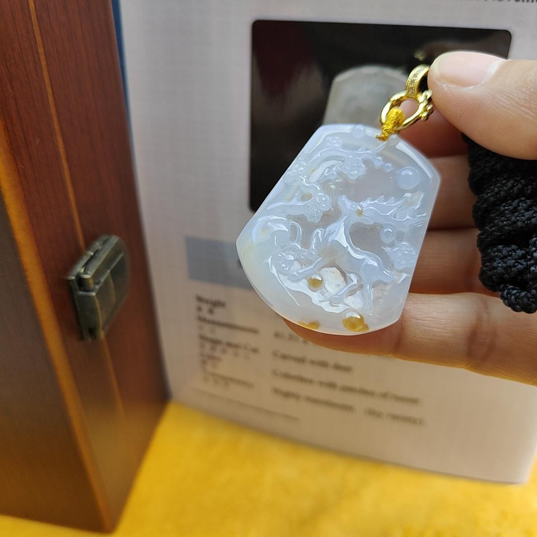 Natural Type A Jadeite carved with deer , Icy Highly Translucent with russet patches , NGI Certification with weight at 72.1 grams , [41.51 * 33.32 * 6.08 mm] - Premium Myanmar Jadeite Pendant (pendant144) Yi Pin Qian
