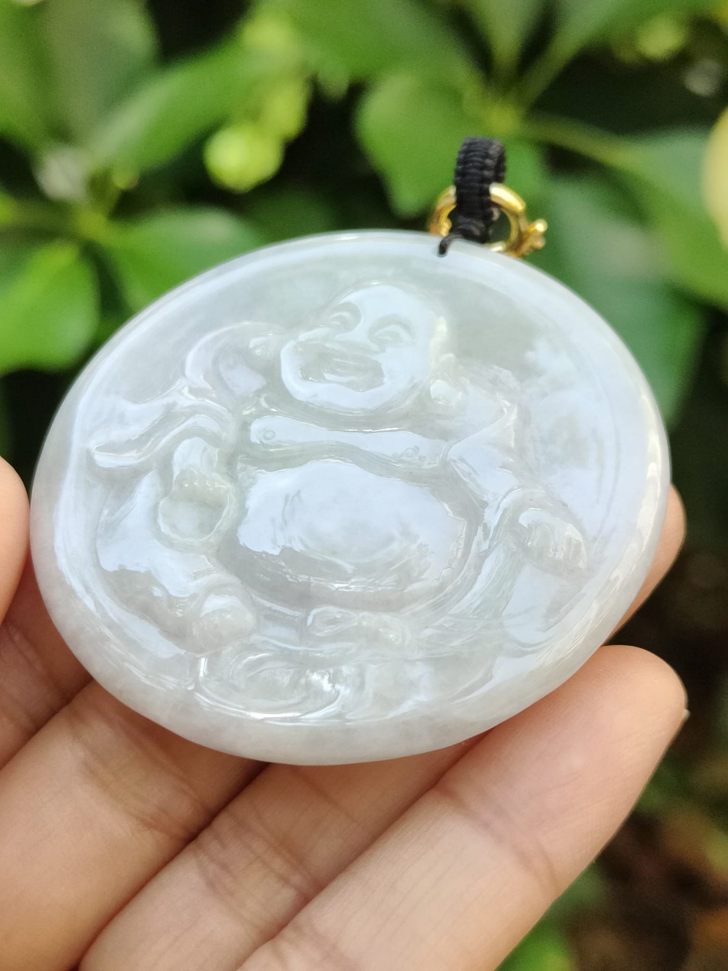 Natural Jadeite Jade Laughing Buddha Pendant with Certificate – Light Green & Lavender Hue (Sku: pendant453)