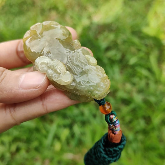 Premium Yellow Natural Type A Jadeite Pendant Necklace Crafted as Pixiu with Ruyi and Coin, certificate included weigh 39.48 grams, measurement 56.8 * 28.8 * 13 mm, suitable for daily wear and collectible (pendant41) Yi Pin Qian