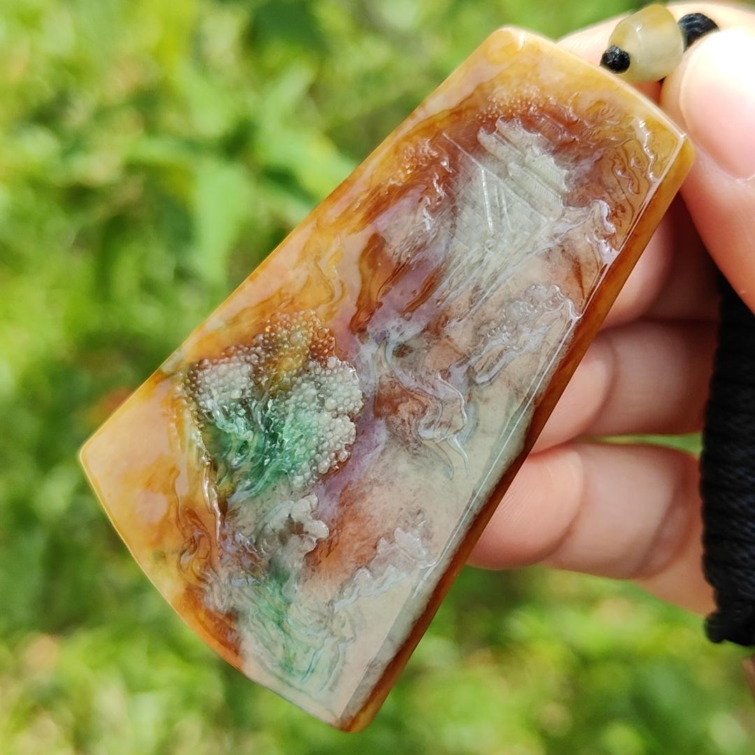Very Rare Green, Red and Yellow Natural Type A Jadeite Jade Pendant Necklace with Sceneries, certificate included weigh 29.84 grams, measurement 61.6 * 39.7 * 5.8 mm (pendant183) Yi Pin Qian