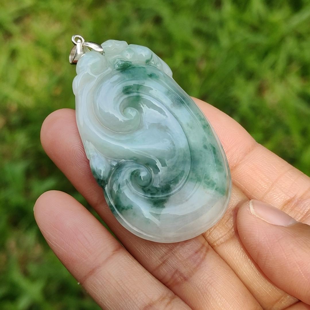 Special Offer, Green with Light Green Floating Flower (Piaohua) Natural Type A Jadeite Pendant Necklace crafted with Bat on Ruyi with certificate weigh 17.71 grams, 51.6 * 34.5 * 6 mm sysmbols of Happiness, auspiciousness (pendant103) Yi Pin Qian