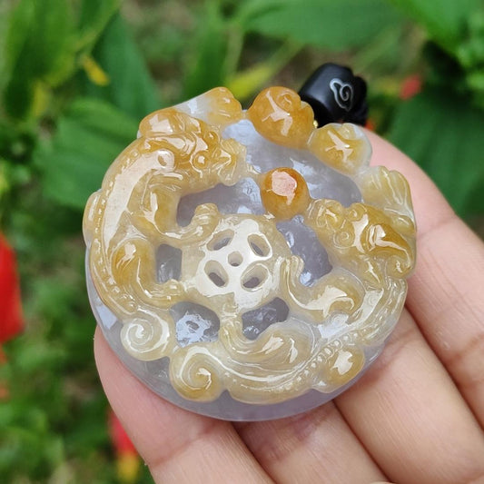Yellow and Purple with some spreads of red patches Natural Type A Jadeite Pendant Necklace crafted with double pixiu, coin and bat boosting your luck, money and blessing, certificate included weigh 41.87 grams, 45 * 44.9 * 13 mm Yi Pin Qian
