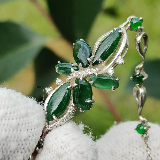Vibrant Green Jadeite Jade Floral Bracelet in S925 Silver with Zircon Accents [Gift Box Included] (Sku: s925b12)