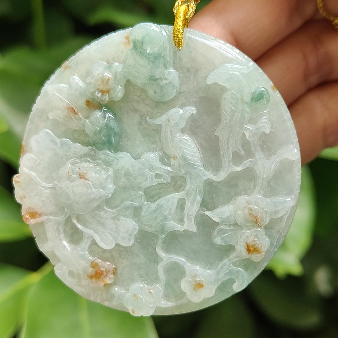Crafted with Flowers and Birds on Light Green Hue with Green and Golden Yellow Patches Natural Type A Jadeite Jade as Pendant, certificate weighs 39.24 grams, measurement 56.3 * 56.3 * 7.2 mm (pendant307) Yi Pin Qian Jadeites Jade Jewelry ~Your Precious Quintessential ~ Singapore