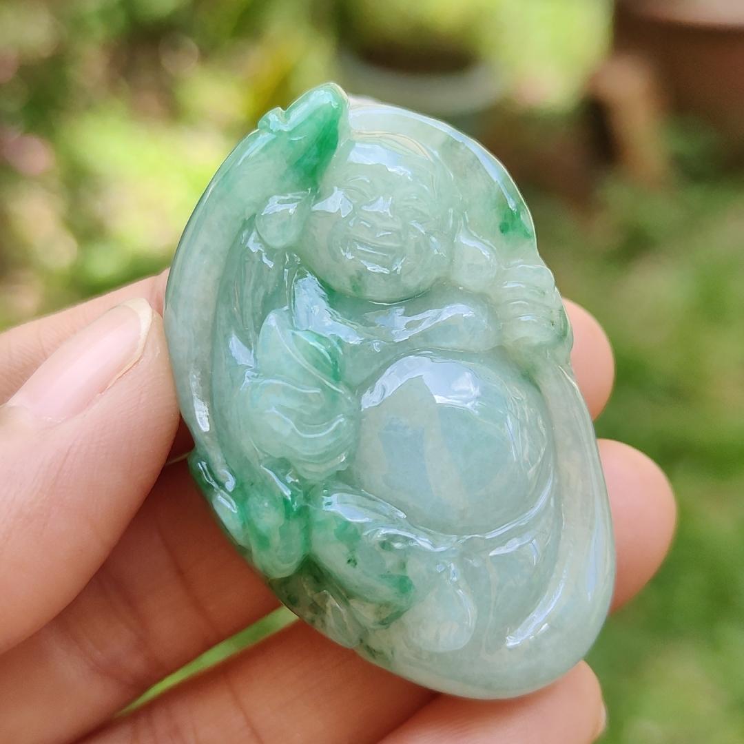 Rare High Quality Light Green and Green Natural Type A Jadeite Jade crafted with Milo Buddha as Pendant, certificate weighs 28.04 grams, measurement 46.3 * 30.3 * 13.9 mm (pendant285) Yi Pin Qian