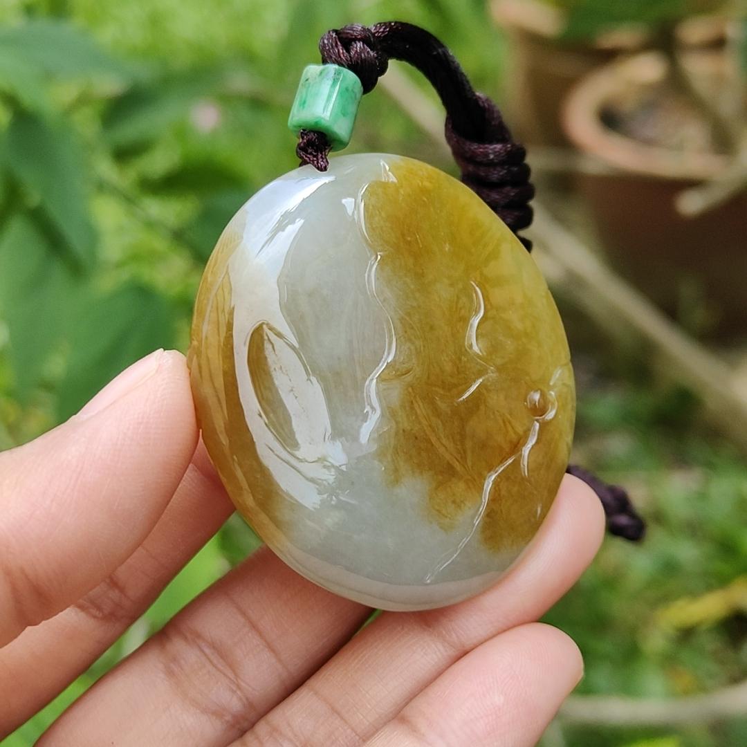 Collectible Yellow with light green Natural Type A Jadeite Jade Pendant Necklace crafted as Milo Buddha, certificate included weigh 38.28 grams, measurement 48.7 * 42.8 * 11 mm (pendant184) Yi Pin Qian